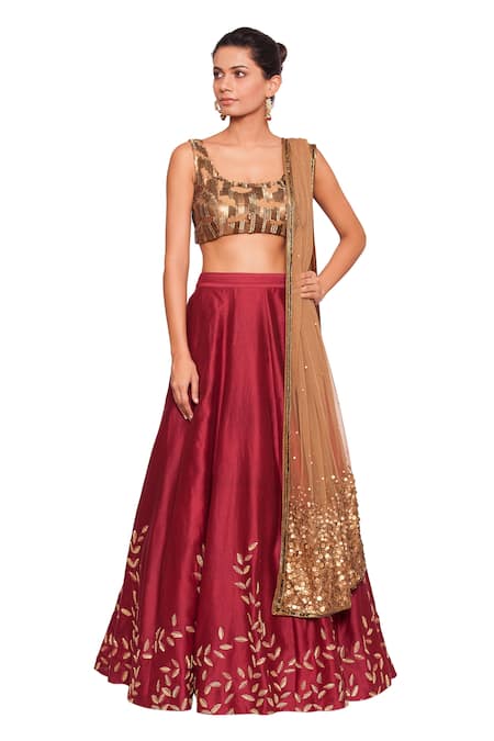 Salt And Spring Maroon Net, Chanderi, Dupion Cutdana, Sequins Scoop Leaf Embroidered Lehenga Set 