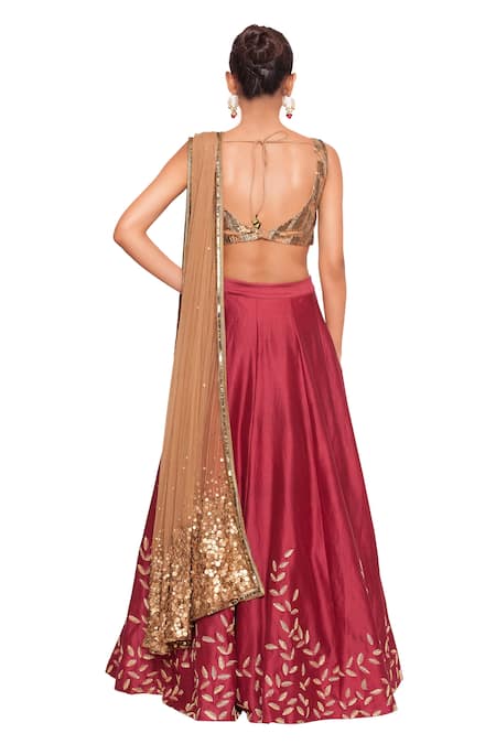 Shop Salt And Spring Maroon Net, Chanderi, Dupion Cutdana, Sequins Scoop Leaf Embroidered Lehenga Set at Aza Fashions Shop_Salt And Spring_Maroon Net, Chanderi, Dupion Cutdana, Sequins Scoop Leaf Embroidered Lehenga Set _at_Aza_Fashions
