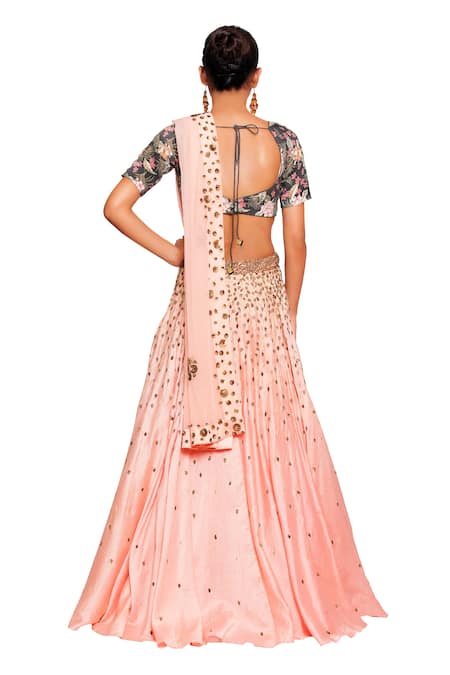 Shop Salt And Spring Pink Net, Chanderi, Rayon Sequins Scoop Neck Leaf Embroidered Lehenga Set at Aza Fashions Shop_Salt And Spring_Pink Net, Chanderi, Rayon Sequins Scoop Neck Leaf Embroidered Lehenga Set _at_Aza_Fashions