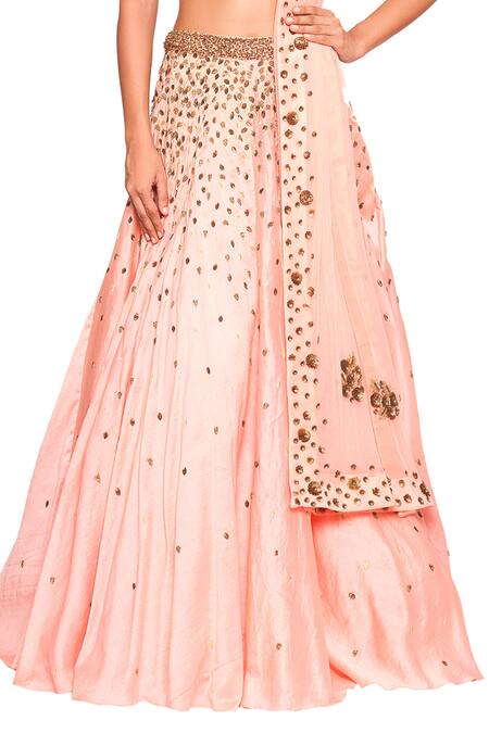 Salt And Spring Pink Net, Chanderi, Rayon Sequins Scoop Neck Leaf Embroidered Lehenga Set Online at Aza Fashions Salt And Spring_Pink Net, Chanderi, Rayon Sequins Scoop Neck Leaf Embroidered Lehenga Set _Online_at_Aza_Fashions