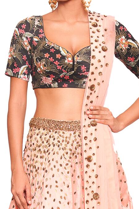 Buy Salt And Spring Pink Net, Chanderi, Rayon Sequins Scoop Neck Leaf Embroidered Lehenga Set Online at Aza Fashions Buy_Salt And Spring_Pink Net, Chanderi, Rayon Sequins Scoop Neck Leaf Embroidered Lehenga Set _Online_at_Aza_Fashions