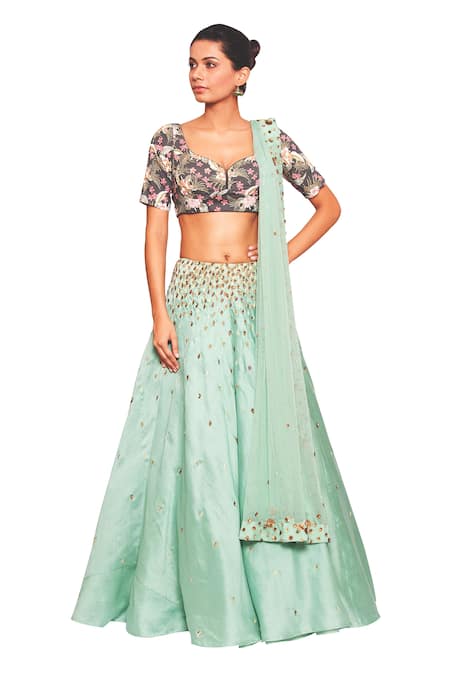 Salt And Spring Green Net, Chanderi, Rayon Sequins Scoop Neck Leaf Embroidered Lehenga Set 