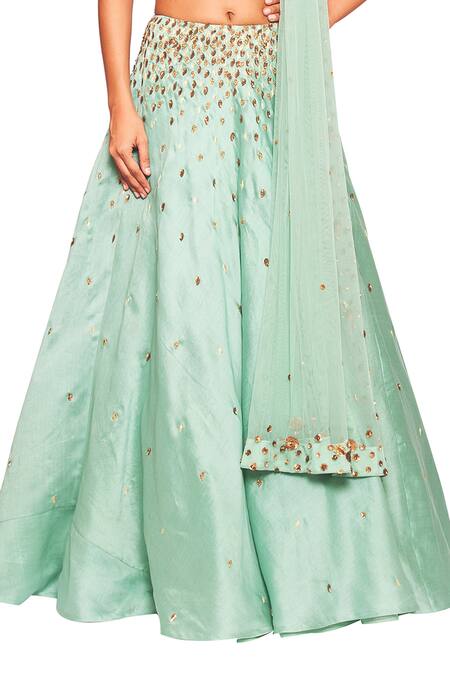 Salt And Spring Green Net, Chanderi, Rayon Sequins Scoop Neck Leaf Embroidered Lehenga Set Online at Aza Fashions Salt And Spring_Green Net, Chanderi, Rayon Sequins Scoop Neck Leaf Embroidered Lehenga Set _Online_at_Aza_Fashions