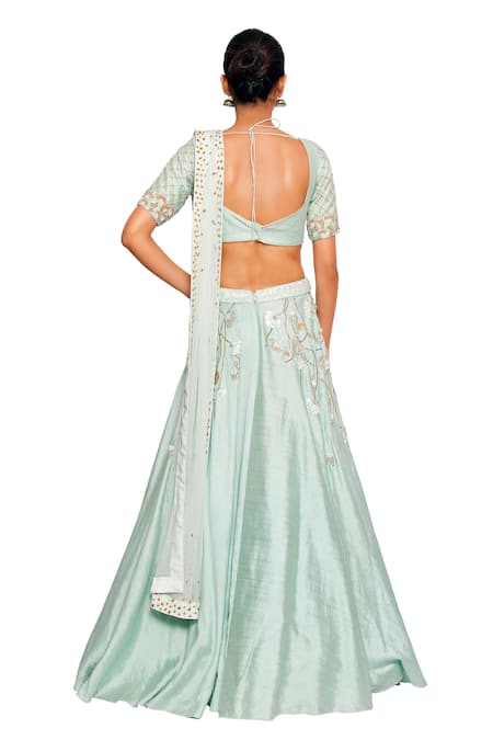Shop Salt And Spring Green Net, Chanderi, Rayon Sequins Scoop Neck Floral Embroidered Lehenga Set at Aza Fashions Shop_Salt And Spring_Green Net, Chanderi, Rayon Sequins Scoop Neck Floral Embroidered Lehenga Set _at_Aza_Fashions