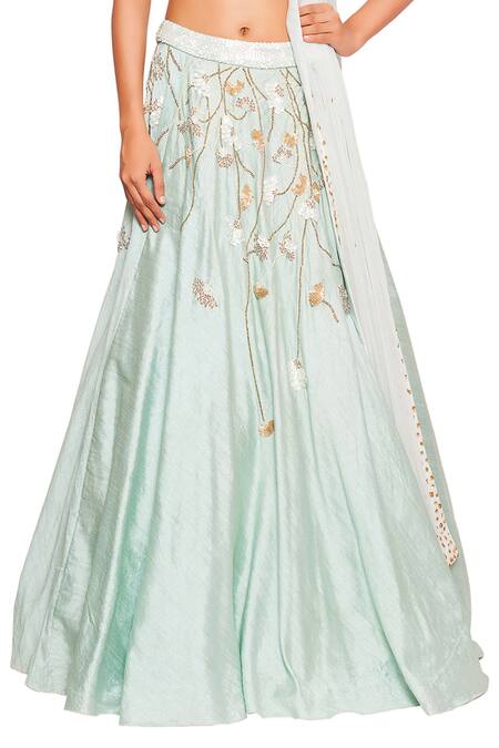 Salt And Spring Green Net, Chanderi, Rayon Sequins Scoop Neck Floral Embroidered Lehenga Set Online at Aza Fashions Salt And Spring_Green Net, Chanderi, Rayon Sequins Scoop Neck Floral Embroidered Lehenga Set _Online_at_Aza_Fashions