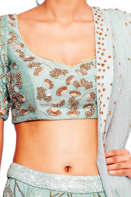 Buy Salt And Spring Green Net, Chanderi, Rayon Sequins Scoop Neck Floral Embroidered Lehenga Set Online at Aza Fashions Buy_Salt And Spring_Green Net, Chanderi, Rayon Sequins Scoop Neck Floral Embroidered Lehenga Set _Online_at_Aza_Fashions