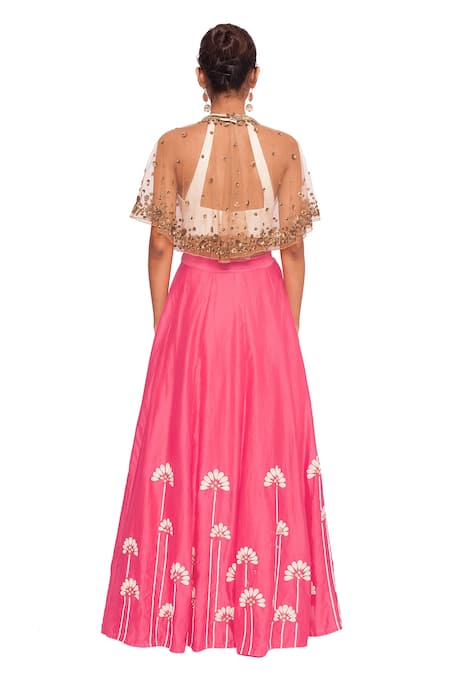 Shop Salt And Spring Pink Net, Chanderi, Quilted Jacquard Floral Skirt Set With Embroidered Cape at Aza Fashions Shop_Salt And Spring_Pink Net, Chanderi, Quilted Jacquard Floral Skirt Set With Embroidered Cape _at_Aza_Fashions