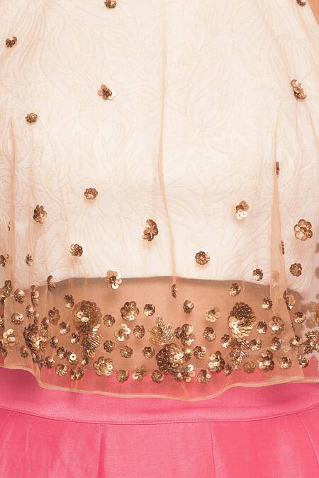 Buy Salt And Spring Pink Net, Chanderi, Quilted Jacquard Floral Skirt Set With Embroidered Cape Online at Aza Fashions Buy_Salt And Spring_Pink Net, Chanderi, Quilted Jacquard Floral Skirt Set With Embroidered Cape _Online_at_Aza_Fashions