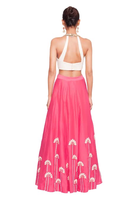 Shop Salt And Spring Pink Chanderi, Quilted Jacquard Floral Motifs Peter Collar Blouse And Skirt Set at Aza Fashions Shop_Salt And Spring_Pink Chanderi, Quilted Jacquard Floral Motifs Peter Collar Blouse And Skirt Set _at_Aza_Fashions