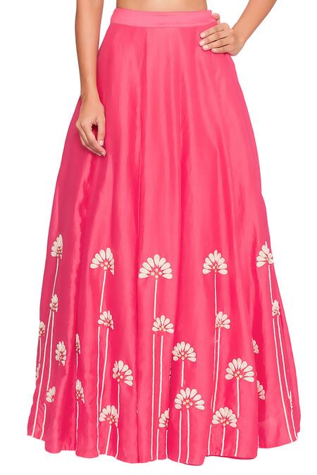 Salt And Spring Pink Chanderi, Quilted Jacquard Floral Motifs Peter Collar Blouse And Skirt Set Online at Aza Fashions Salt And Spring_Pink Chanderi, Quilted Jacquard Floral Motifs Peter Collar Blouse And Skirt Set _Online_at_Aza_Fashions