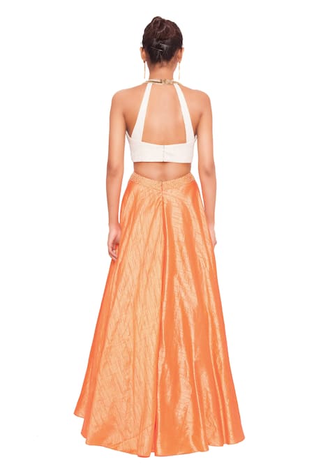 Shop Salt And Spring Orange Chanderi, Quilted Jacquard Peter Pan Collar Blouse And Skirt Set at Aza Fashions Shop_Salt And Spring_Orange Chanderi, Quilted Jacquard Peter Pan Collar Blouse And Skirt Set _at_Aza_Fashions