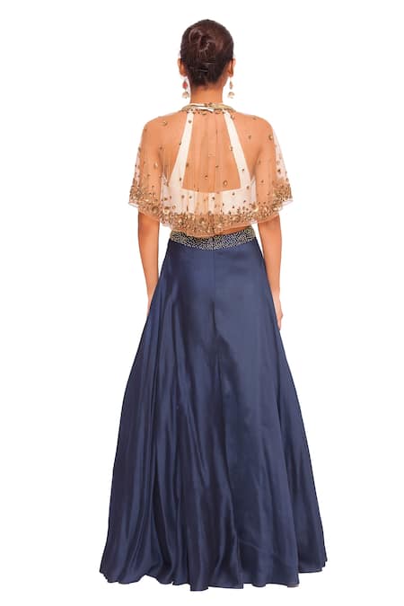 Shop Salt And Spring Blue Net, Chanderi, Quilted Jacquard Floral Skirt Set With Embellished Cape at Aza Fashions Shop_Salt And Spring_Blue Net, Chanderi, Quilted Jacquard Floral Skirt Set With Embellished Cape _at_Aza_Fashions