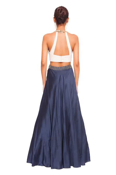 Shop Salt And Spring Blue Chanderi, Quilted Jacquard Peter Pan Collar Blouse And Skirt Set at Aza Fashions Shop_Salt And Spring_Blue Chanderi, Quilted Jacquard Peter Pan Collar Blouse And Skirt Set _at_Aza_Fashions