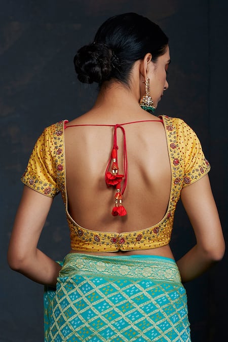 Shop Weaver Story Yellow Silk Floral, French Knots, Sequin, Zardozi Work Hand Embroidered Blouse at Aza Fashions Shop_Weaver Story_Yellow Silk Floral, French Knots, Sequin, Zardozi Work Hand Embroidered Blouse _at_Aza_Fashions