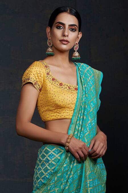 Weaver Story Yellow Silk Floral, French Knots, Sequin, Zardozi Work Hand Embroidered Blouse Online at Aza Fashions Weaver Story_Yellow Silk Floral, French Knots, Sequin, Zardozi Work Hand Embroidered Blouse _Online_at_Aza_Fashions