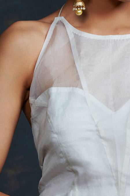 Buy_Weaver Story_White Organza Plain Halter Neck Handwoven Blouse _Online_at_Aza_Fashions