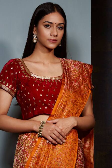 Weaver Story Red Velvet Gota Patti, Dabka Work Round Hand Embroidered Blouse Online at Aza Fashions Weaver Story_Red Velvet Gota Patti, Dabka Work Round Hand Embroidered Blouse _Online_at_Aza_Fashions