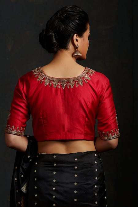 Shop_Weaver Story_Red Silk Floral, Zardozi , Booti High Neck Hand Embroidered Blouse _at_Aza_Fashions
