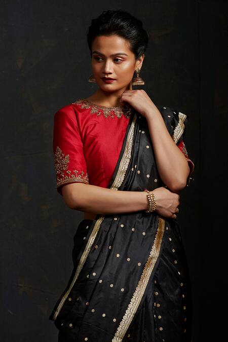 Weaver Story_Red Silk Floral, Zardozi , Booti High Neck Hand Embroidered Blouse _Online_at_Aza_Fashions