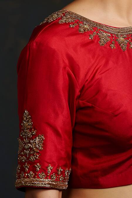 Buy_Weaver Story_Red Silk Floral, Zardozi , Booti High Neck Hand Embroidered Blouse _Online_at_Aza_Fashions
