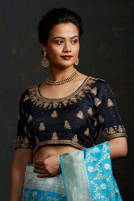 Weaver Story Blue Silk Floral, Zardozi , Booti Round Hand Embroidered Blouse 