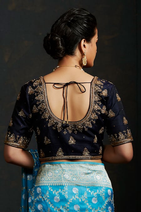 Shop Weaver Story Blue Silk Floral, Zardozi , Booti Round Hand Embroidered Blouse at Aza Fashions Shop_Weaver Story_Blue Silk Floral, Zardozi , Booti Round Hand Embroidered Blouse _at_Aza_Fashions