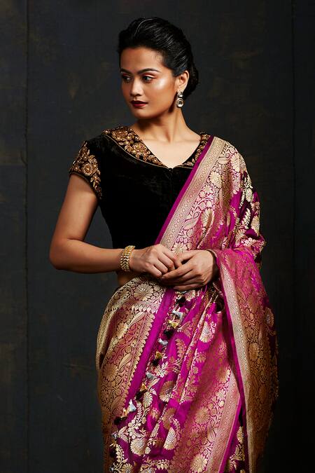 Weaver Story_Black Velvet Dabka , Nakshi V Neck Hand Embroidered Zardozi Blouse _Online_at_Aza_Fashions