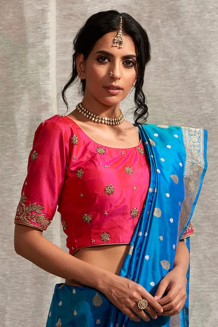 Weaver Story_Pink Silk Floral, Zari , Dabka Round Hand Embroidered Bazuband Blouse _Online_at_Aza_Fashions