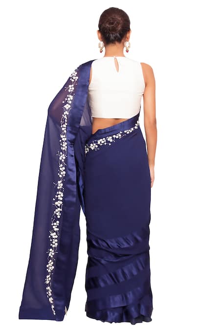 Shop Salt And Spring Blue Chanderi, Georgette Floral Motifs Round Embroidered Saree With Blouse at Aza Fashions Shop_Salt And Spring_Blue Chanderi, Georgette Floral Motifs Round Embroidered Saree With Blouse _at_Aza_Fashions
