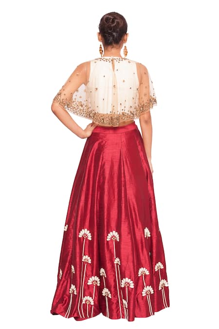 Shop Salt And Spring Maroon Net, Chanderi, Quilted Jacquard Floral Skirt Set With Embellished Cape at Aza Fashions Shop_Salt And Spring_Maroon Net, Chanderi, Quilted Jacquard Floral Skirt Set With Embellished Cape _at_Aza_Fashions