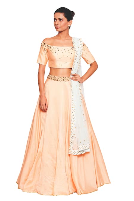 Salt And Spring Peach Net, Chanderi Leaf Motifs One Shoulder Lehenga Set With Off Blouse 