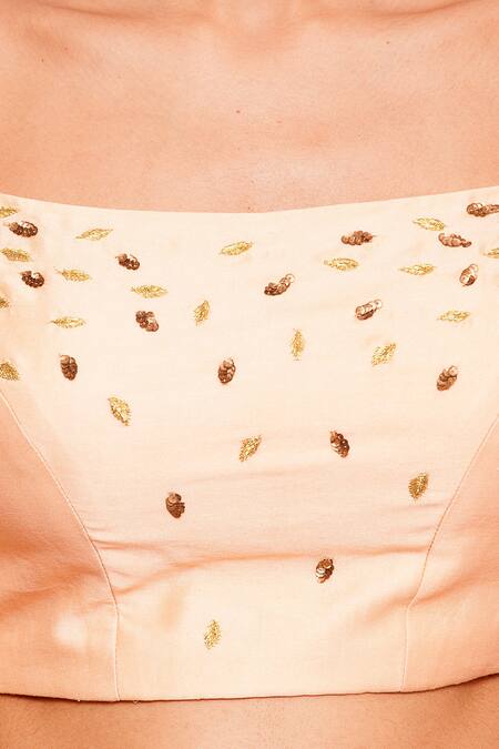 Salt And Spring Peach Net, Chanderi Leaf Motifs One Shoulder Lehenga Set With Off Blouse Online at Aza Fashions Salt And Spring_Peach Net, Chanderi Leaf Motifs One Shoulder Lehenga Set With Off Blouse _Online_at_Aza_Fashions