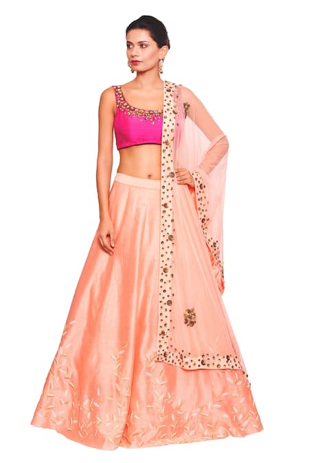 Salt And Spring Pink Raw Silk, Net, Chanderi Cutdana, Sequins Scoop Neck Embroidered Lehenga Set 