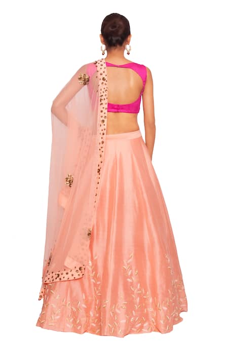 Shop Salt And Spring Pink Raw Silk, Net, Chanderi Cutdana, Sequins Scoop Neck Embroidered Lehenga Set at Aza Fashions Shop_Salt And Spring_Pink Raw Silk, Net, Chanderi Cutdana, Sequins Scoop Neck Embroidered Lehenga Set _at_Aza_Fashions