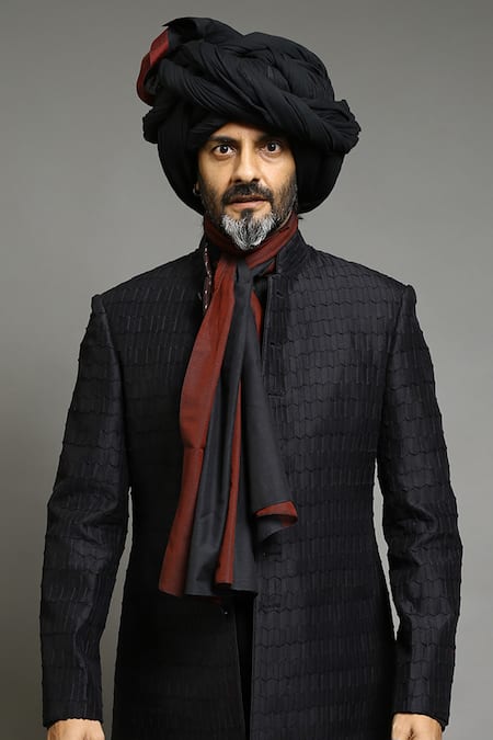 Shop_Abhishek Gupta_Black Chanderi Pleated Texture Bandhgala _Online_at_Aza_Fashions