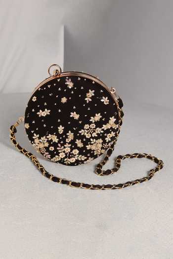 Mandira Wirk Black Beads, Sequins Embellished Floral Circular Clutch  2
