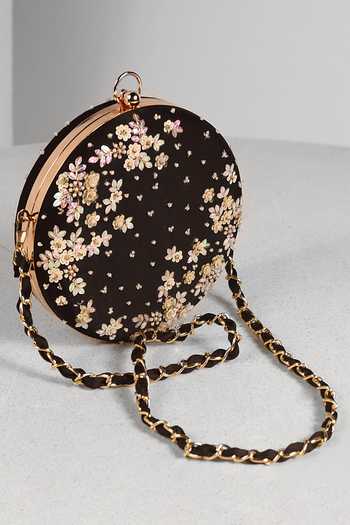 Mandira Wirk Black Beads, Sequins Embellished Floral Circular Clutch  4