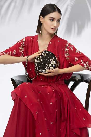 Mandira Wirk Black Beads, Sequins Embellished Floral Circular Clutch  5