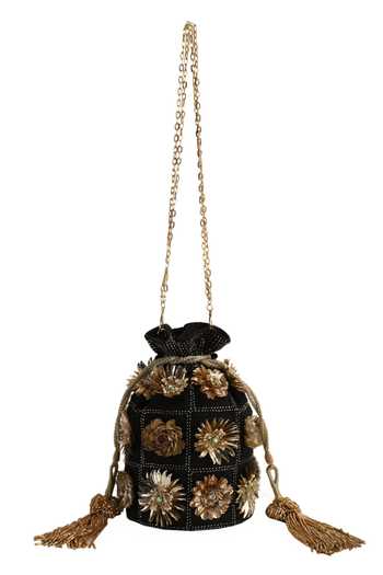 The Purple Sack_Black Embroidery, Sequins 3d Floral Potli Bag _Online_at_Aza_Fashions