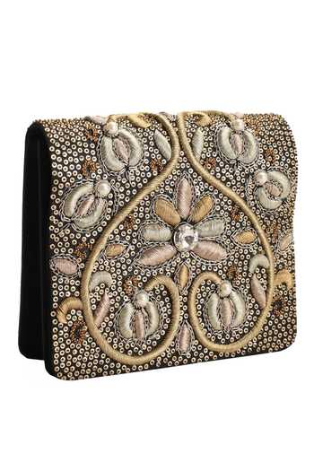 Buy_The Purple Sack_Black Embroidery, Sequins Flap Clutch _Online_at_Aza_Fashions