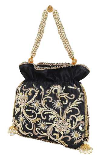 The Purple Sack_Black Embroidery, Sequins, Beads Floral Potli Bag _Online_at_Aza_Fashions