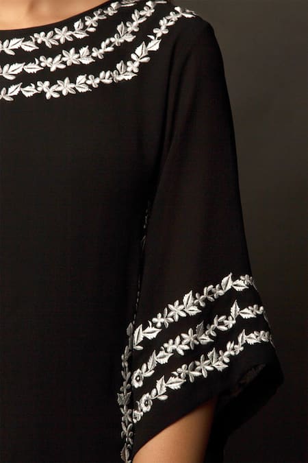 Shop Jasmine Bains Black Cupro Georgette Round Embroidered Kaftan And Pant Set Online at Aza Fashions Shop_Jasmine Bains_Black Cupro Georgette Round Embroidered Kaftan And Pant Set _Online_at_Aza_Fashions