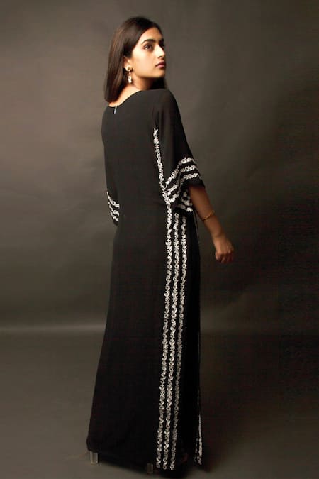 Shop Jasmine Bains Black Cupro Georgette Round Embroidered Kaftan And Pant Set at Aza Fashions Shop_Jasmine Bains_Black Cupro Georgette Round Embroidered Kaftan And Pant Set _at_Aza_Fashions