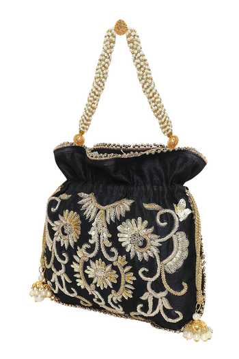 The Purple Sack_Black Embroidery, Sequins Floral Potli Bag _Online_at_Aza_Fashions