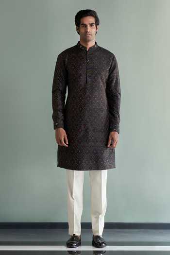 Buy Qbik - Men Black Silk Ikat Kurta 