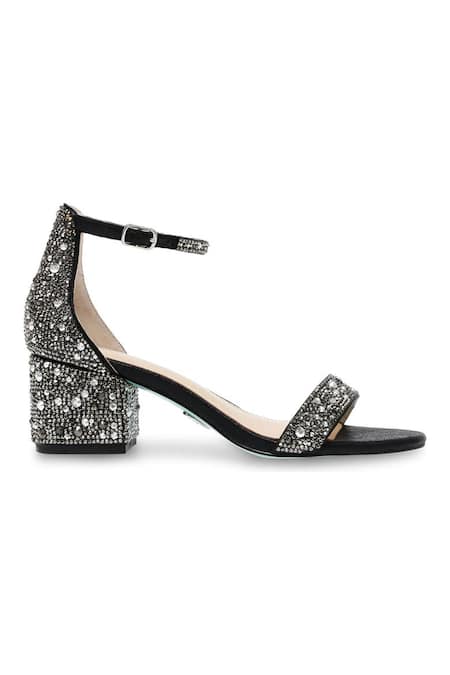 Shop Sephyr Black Stones, Rhinestones Laena Swarovski Embellished Block Heels at Aza Fashions Shop_Sephyr_Black Stones, Rhinestones Laena Swarovski Embellished Block Heels _at_Aza_Fashions