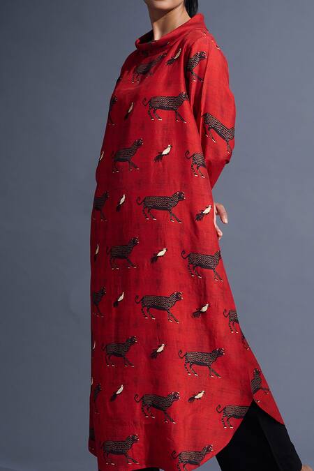 Shop_Taika By Poonam Bhagat_Red Tunic  Blended Silk Printed Birds Collared Neck And Pant Set _Online_at_Aza_Fashions