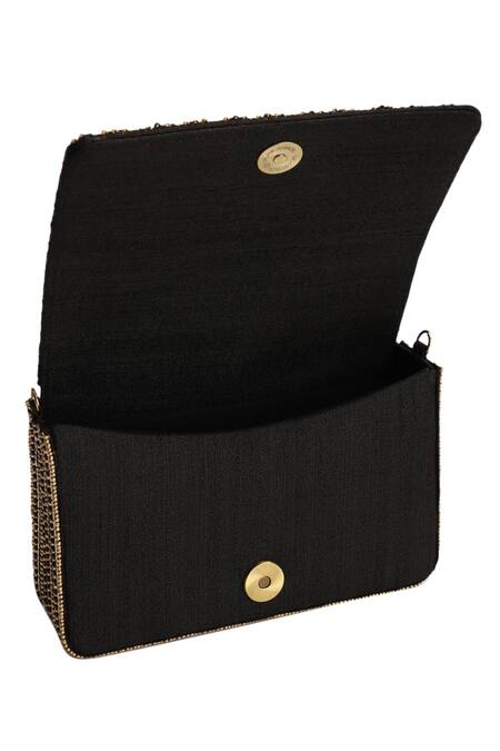 Shop_The Purple Sack_Black Sequins Flap Clutch With Sling _Online_at_Aza_Fashions