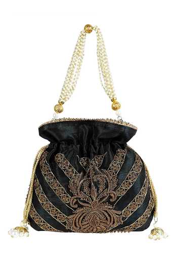 The Purple Sack_Black Embroidery, Beads Raw Silk Potli Bag _Online_at_Aza_Fashions