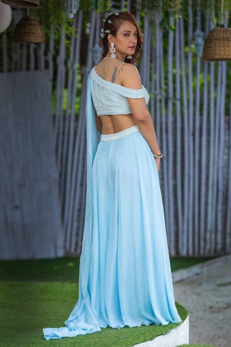 Shop Kanj By Priyanka A Sakhuja Blue Silk Tabby Sequin, Thread And Bead Work Bless Cape Blouse & Sharara Set at Aza Fashions Shop_Kanj By Priyanka A Sakhuja_Blue Silk Tabby Sequin, Thread And Bead Work Bless Cape Blouse & Sharara Set _at_Aza_Fashions